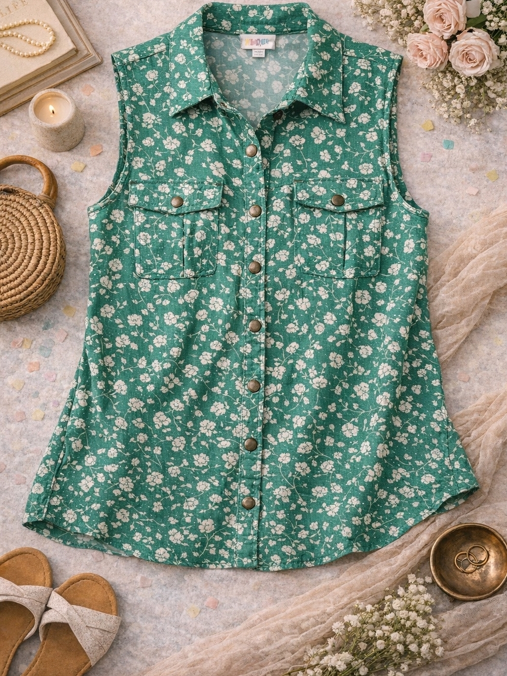 LuLaRoe Green Floral Sleeveless Button-Front Tank | Collared Boho Blouse 2XL